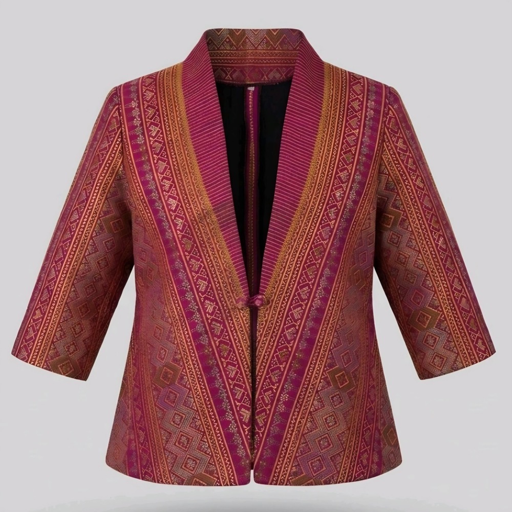 Traditional‎ Thai Silk Jacket Women XXL Magenta Geometric Lao Style